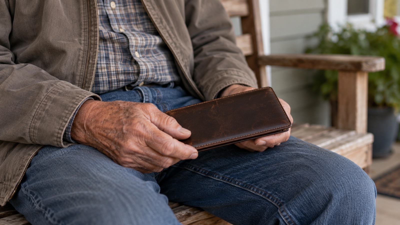 An older man's hands holding a closed checkbook while he sits on a porch bench.