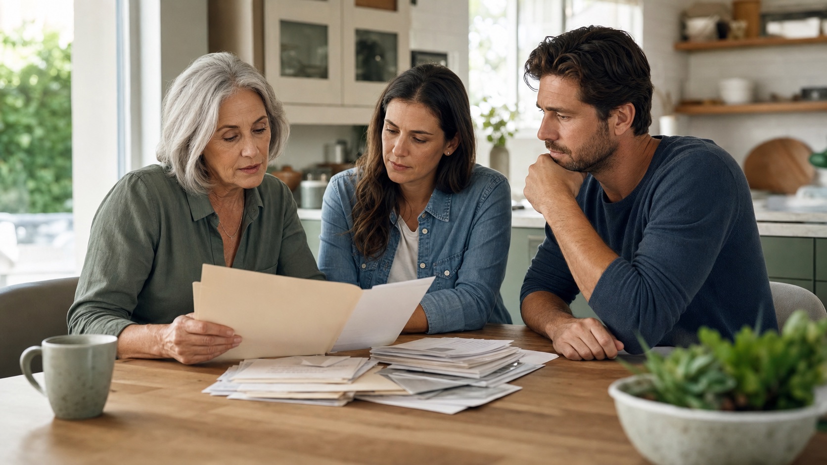 A surviving spouse and two adult family members reviewing estate records at a contemporary kitchen table