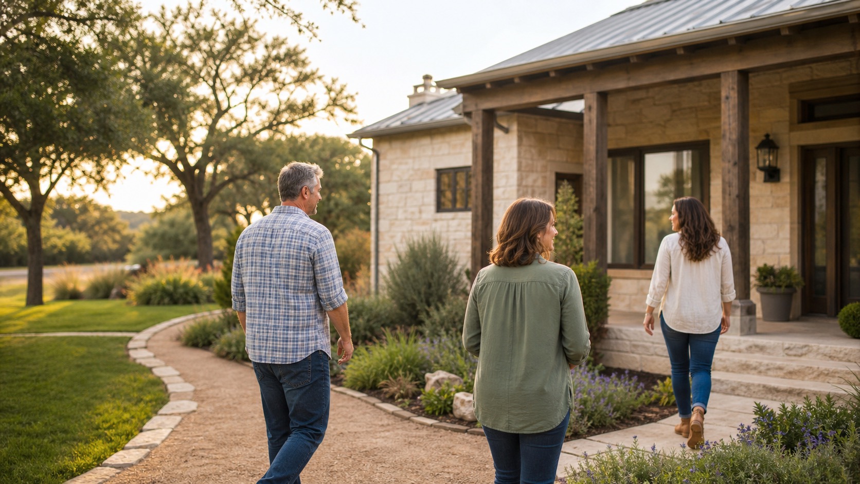 Three adult family members walking toward a Texas home in warm daylight