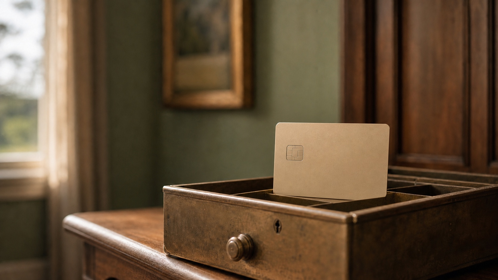 A blank cream credit card standing in an open brass cash drawer under warm window light