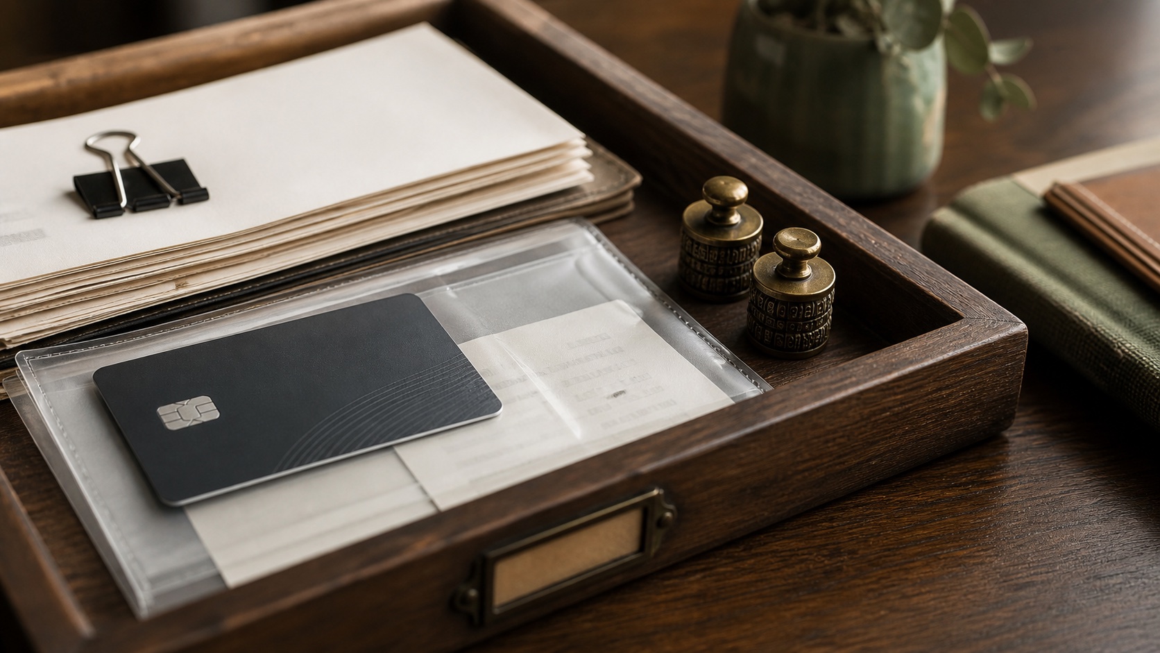 A black credit card rests on paperwork inside a wooden document tray