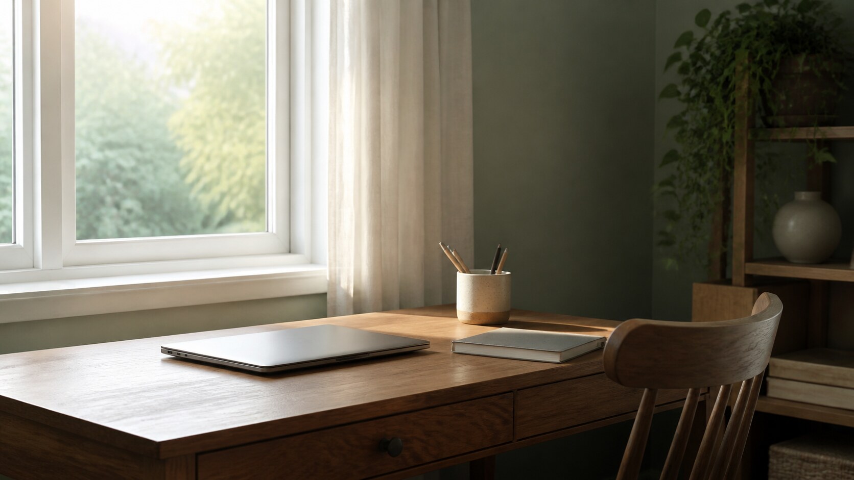 An empty chair at a quiet home study desk with a closed laptop