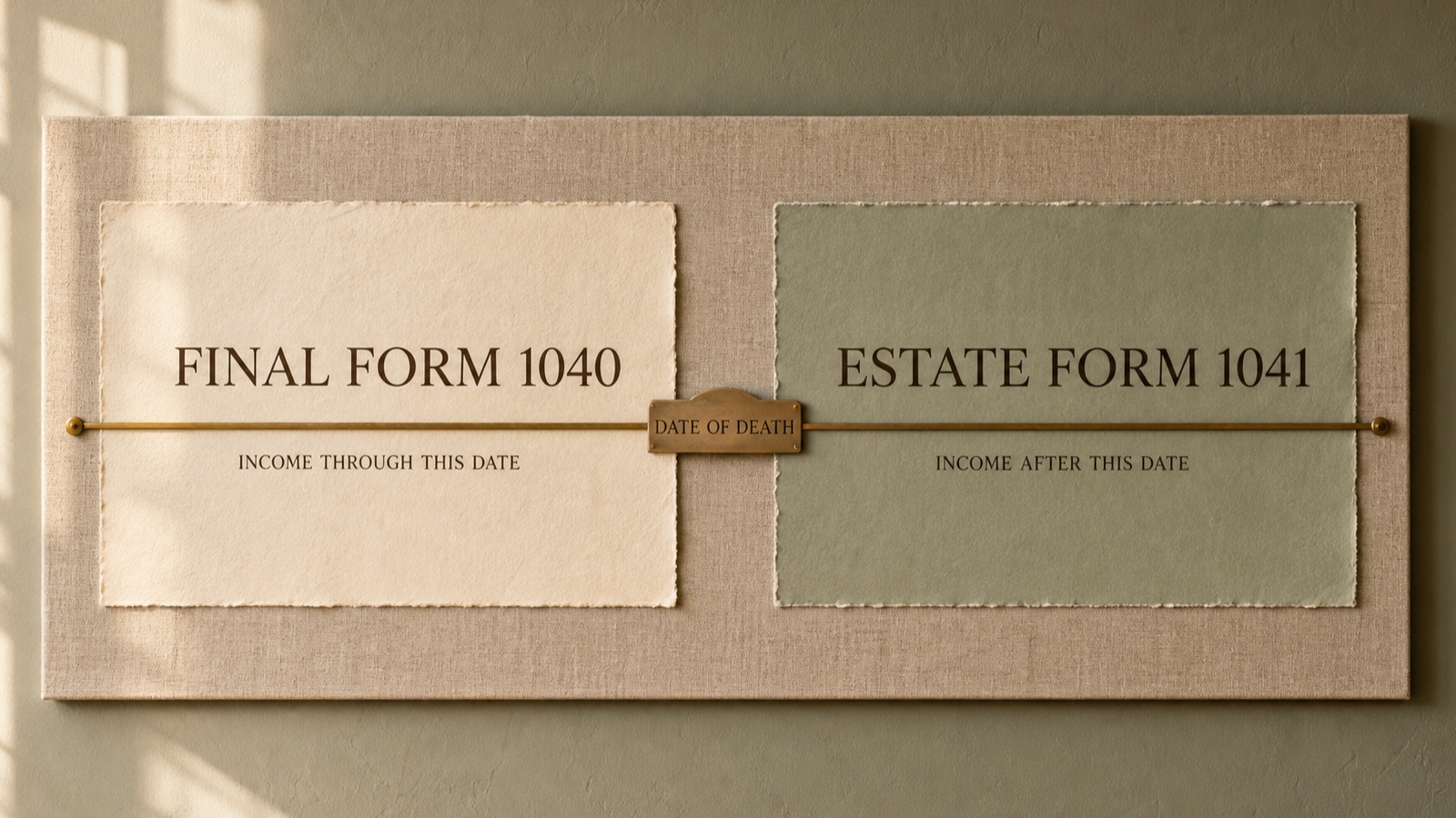 A brass timeline divides final Form 1040 income from estate Form 1041 income at the date of death