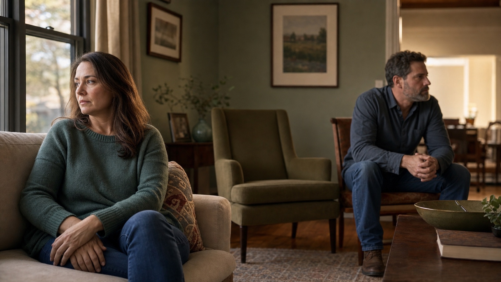 Two adult siblings sitting apart in a quiet family living room after a parent's death