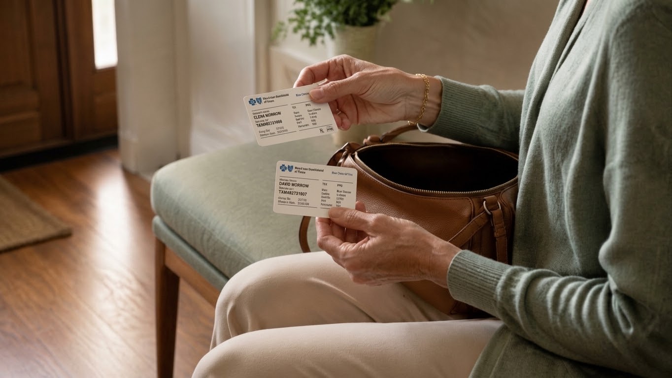 A woman reviewing two Texas health insurance cards with different member names beside a tan handbag