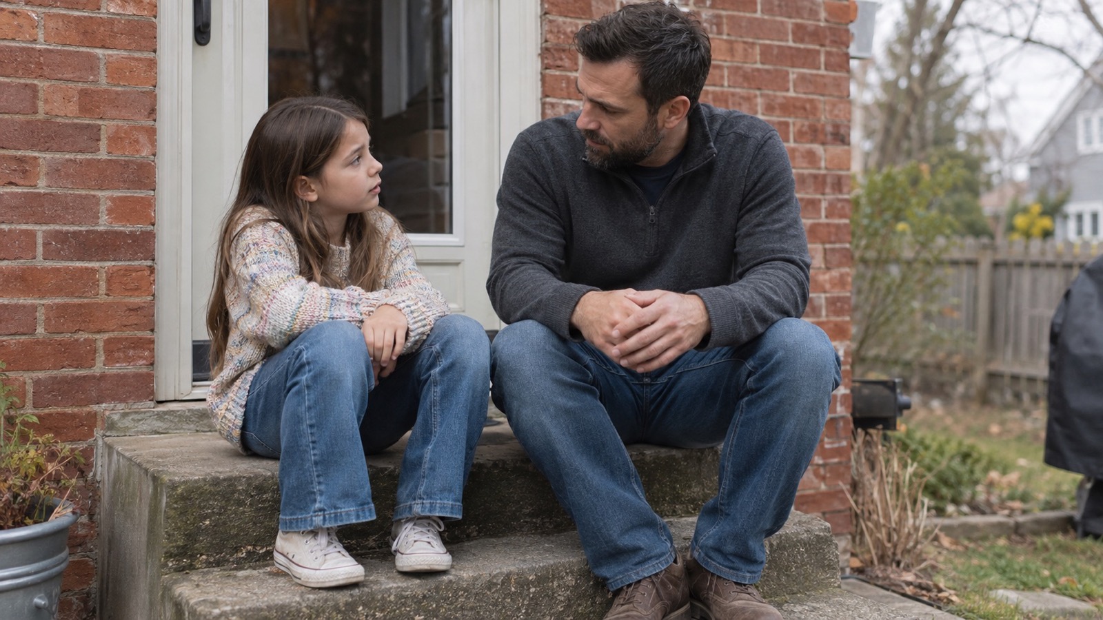An adult and a young girl sitting on brick house steps and talking face to face