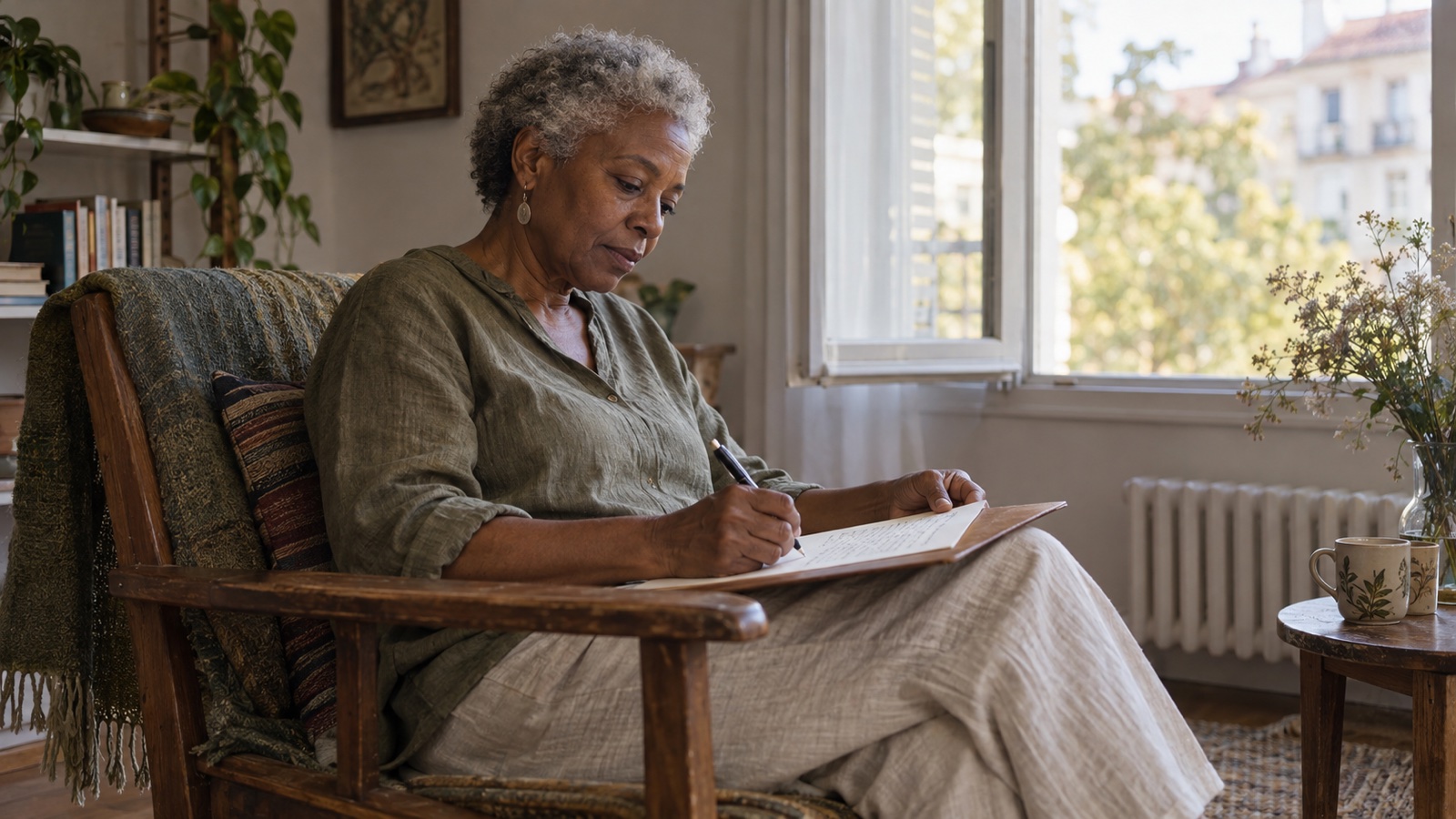 A woman with short gray hair writing a letter on a board in her lap beside an open window