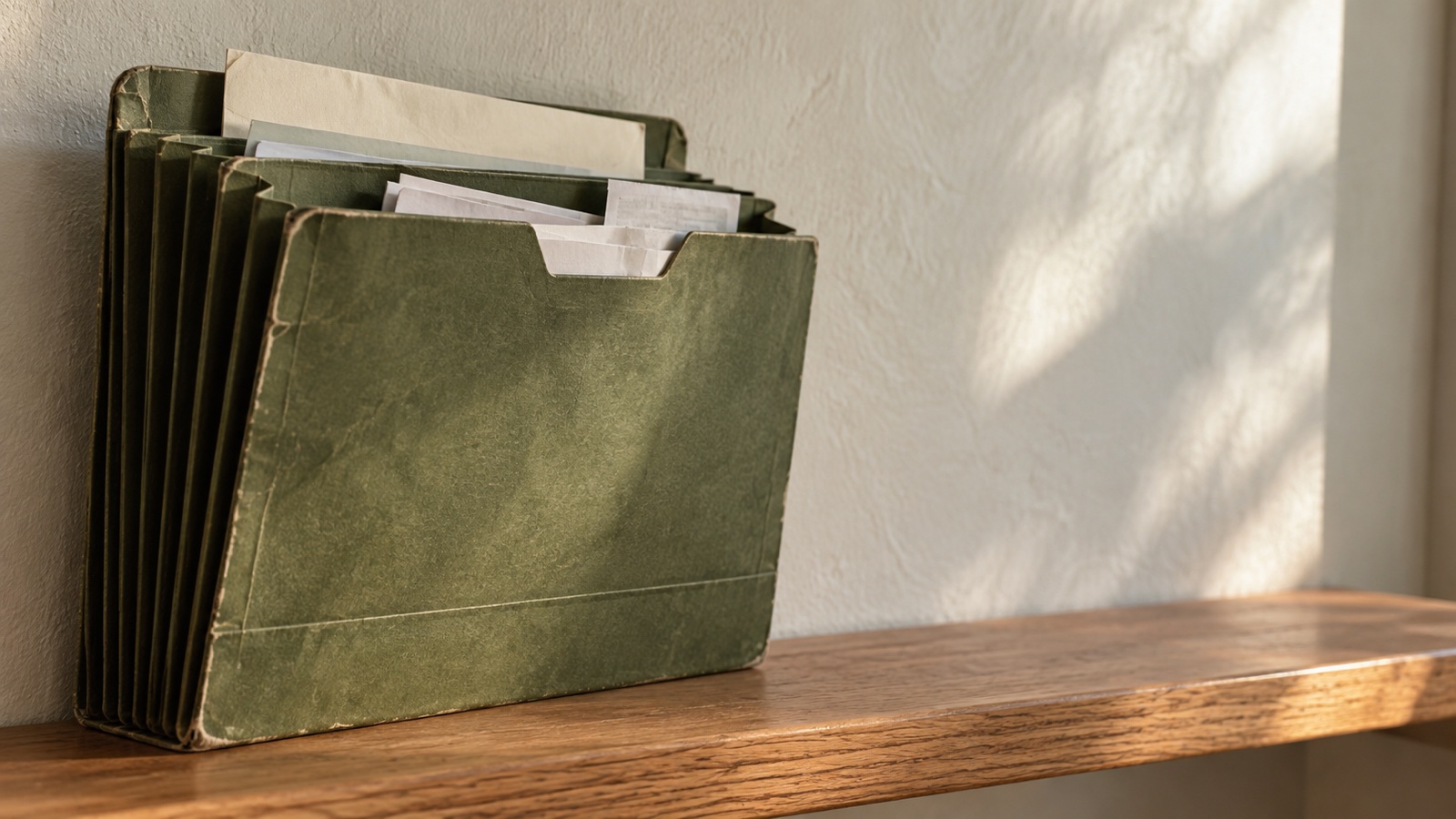 A worn green expanding file holding envelopes and receipts on a wooden shelf in morning light