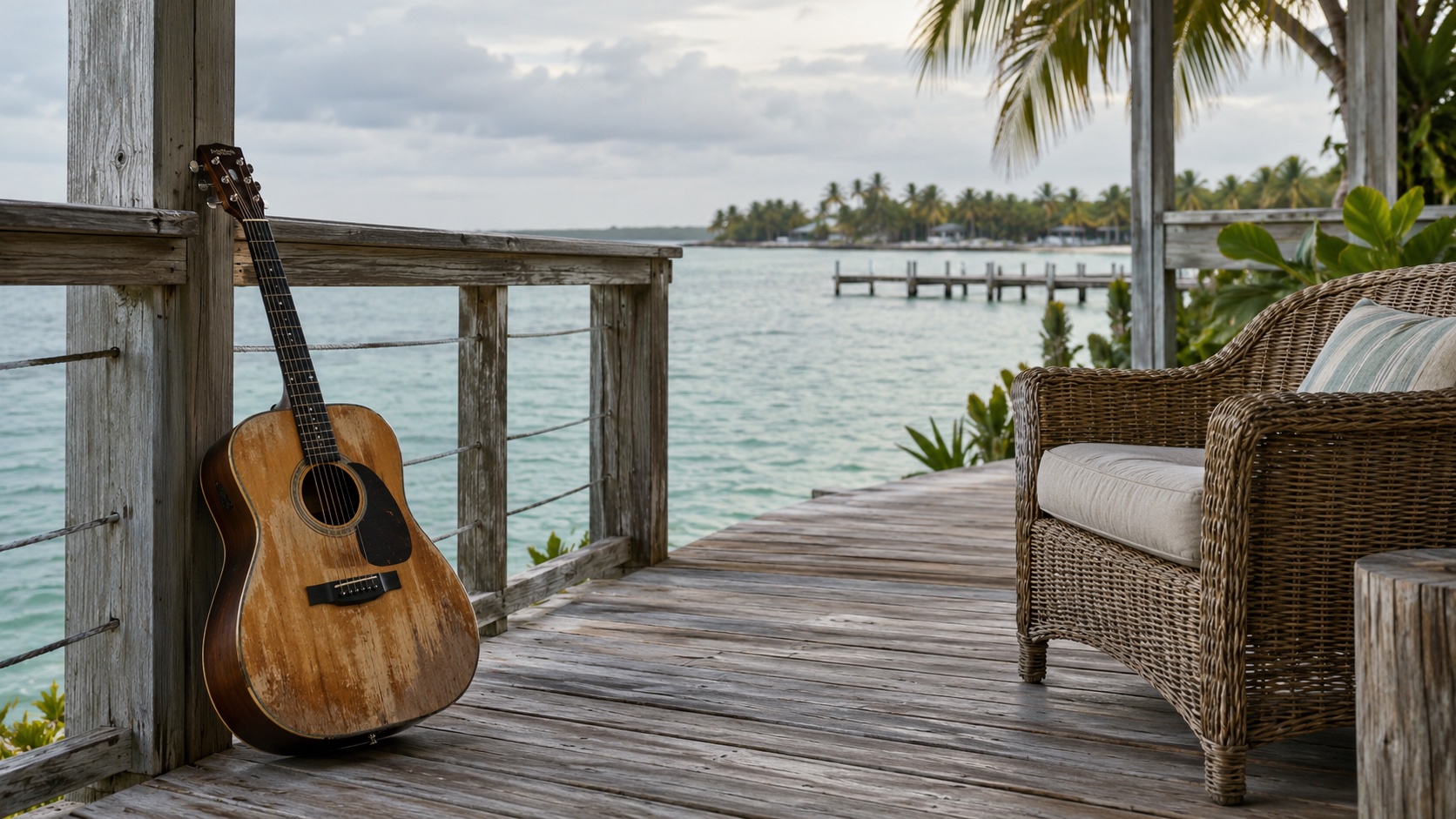AI-generated illustration of an acoustic guitar and an empty wicker chair on a coastal veranda.