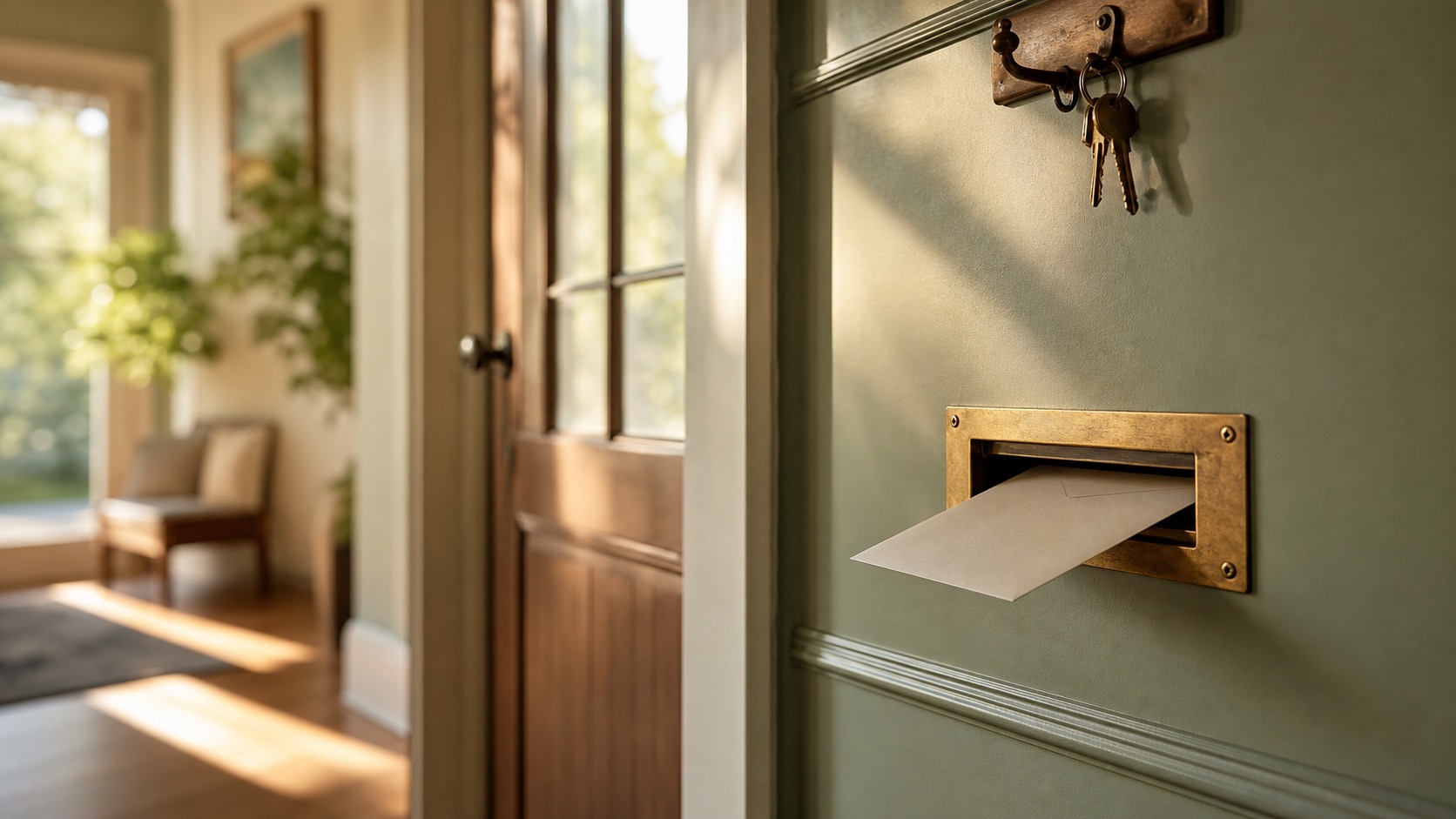 A blank envelope passing through a brass mail slot near house keys in warm entryway light