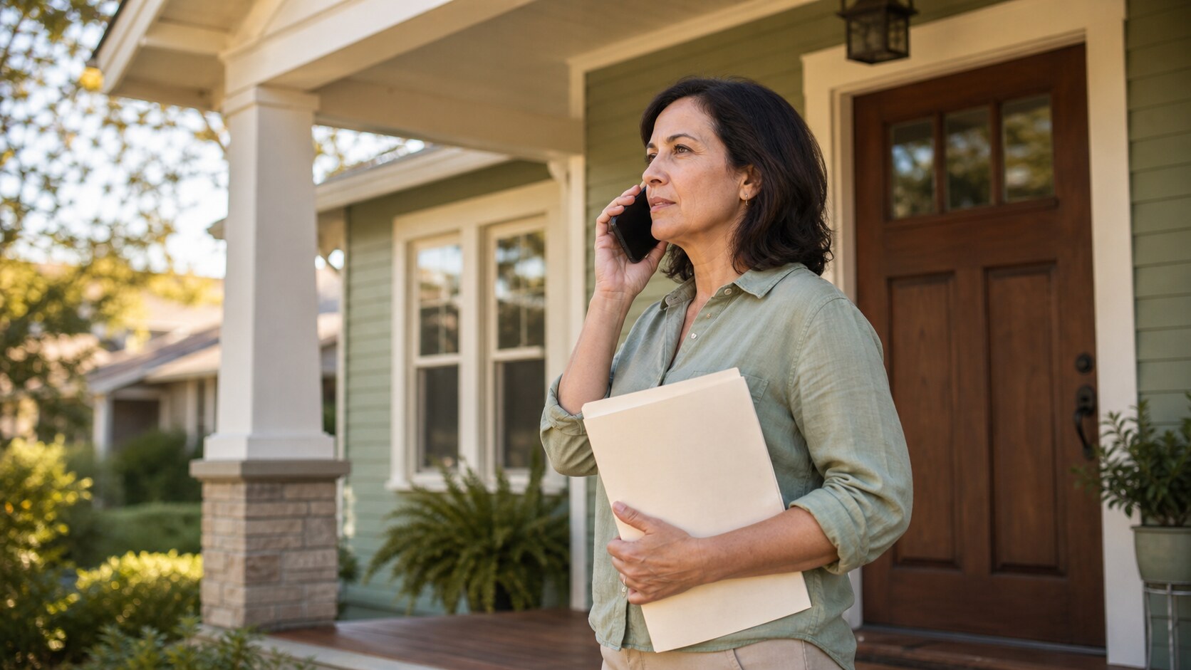 A woman standing on the porch of a quiet bungalow while speaking by phone and holding a folder