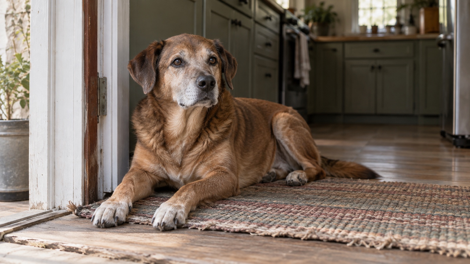 A brown dog with a gray muzzle resting in a sunlit kitchen doorway