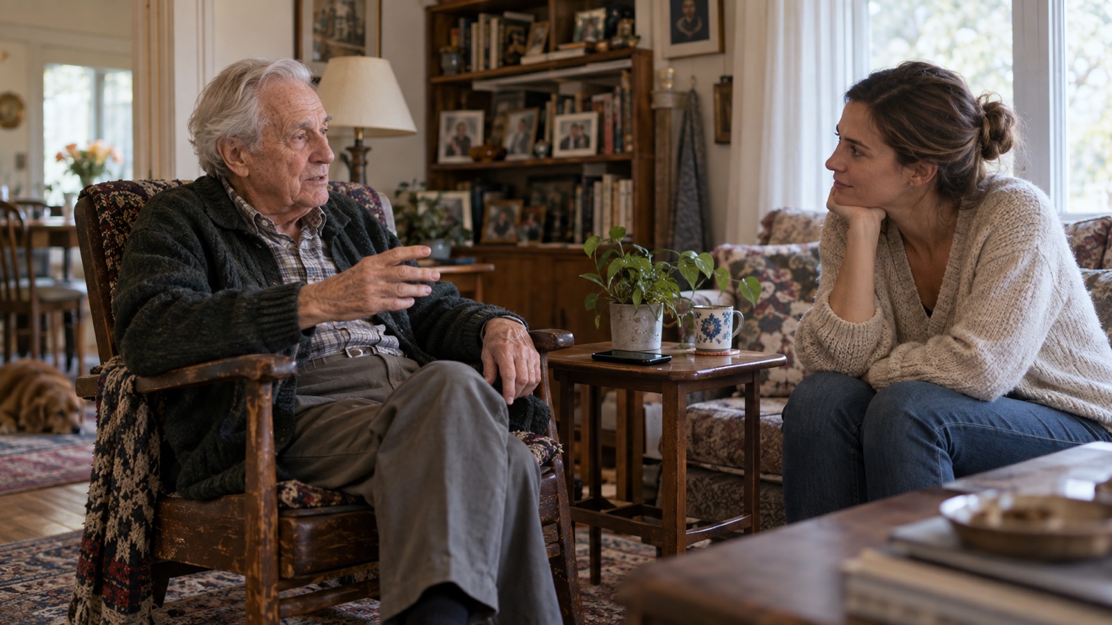 An older man telling a story to a younger woman in a living room, with a phone on the table between them