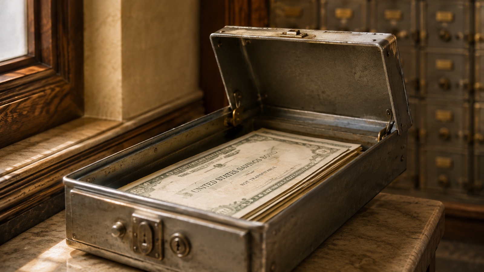 An open metal safe-deposit box holding aged savings bonds in warm window light