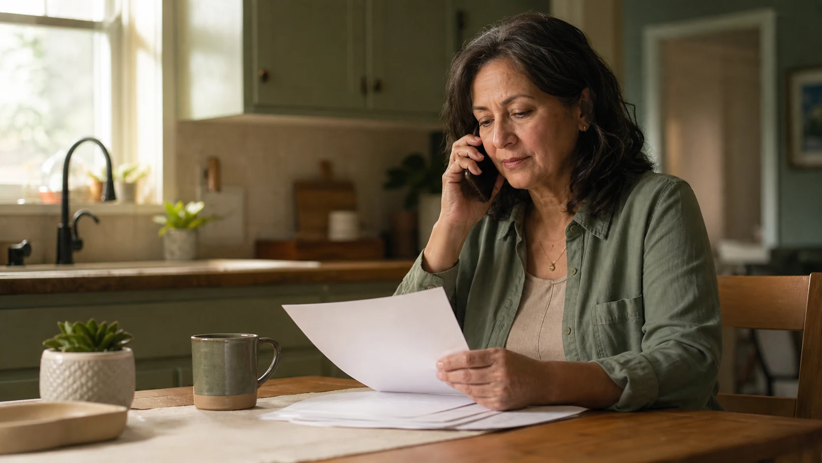 A surviving spouse calling Social Security while reviewing blank papers at a quiet kitchen table