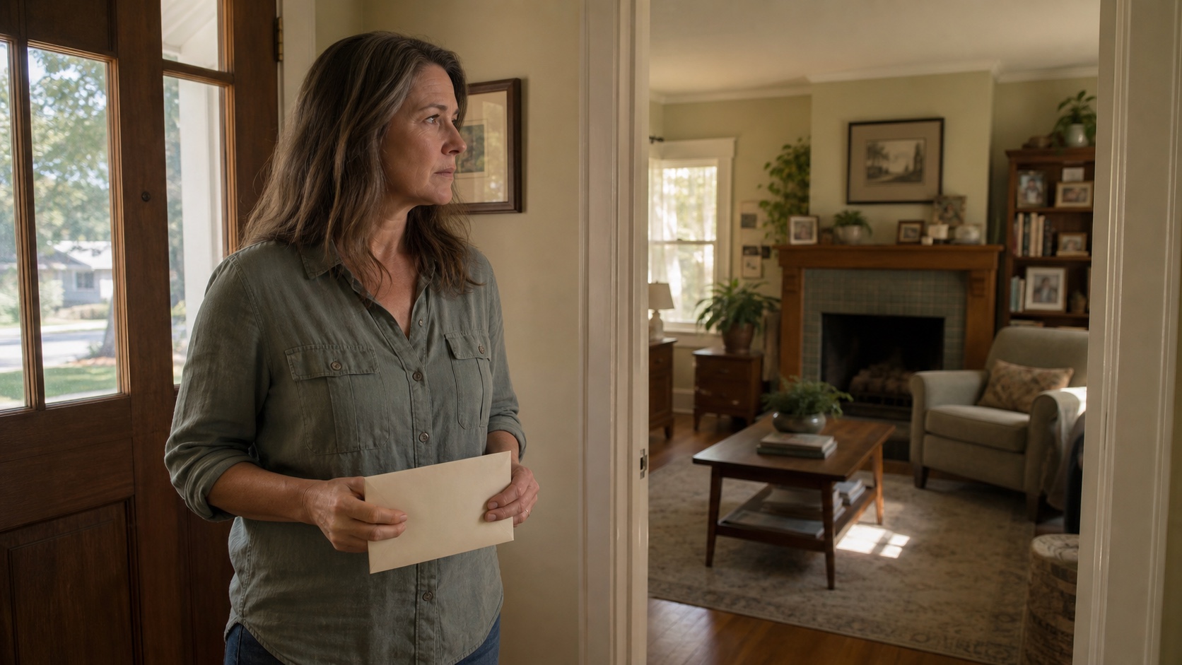 A woman holding a plain envelope in the entryway of a quiet Texas home