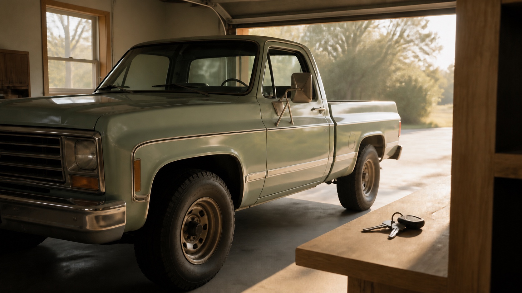 An older sage-green pickup truck parked in a quiet garage with keys on a wooden shelf