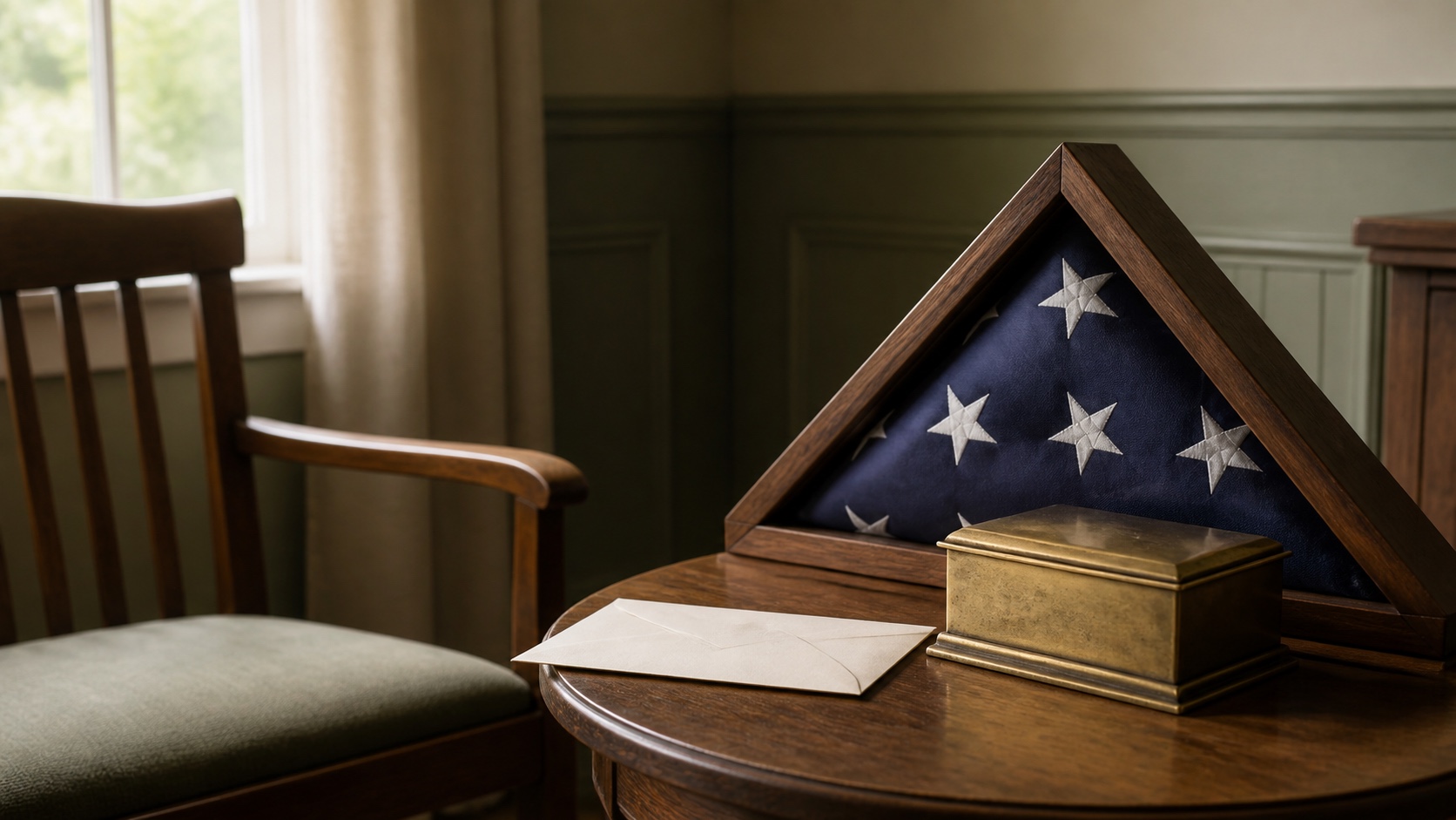 A folded American flag, sealed envelope, and brass keepsake box beside an empty chair