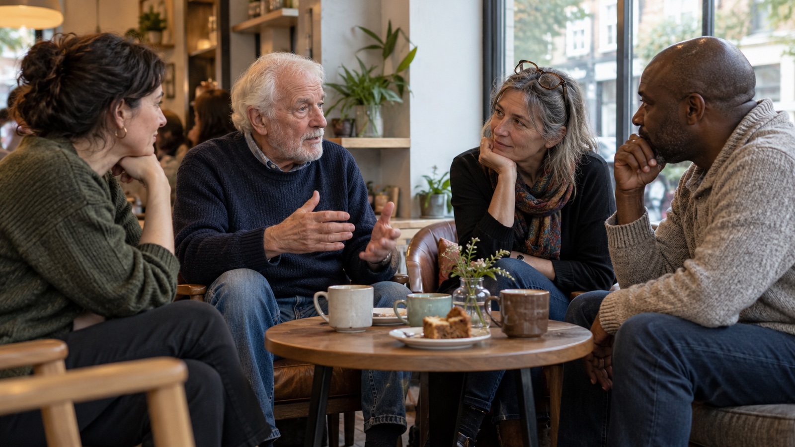 Four adults talking around a small cafe table with cups and cake beside a window