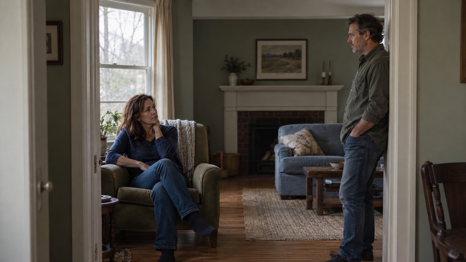 A woman seated by a window and a man standing in a doorway talking in a living room