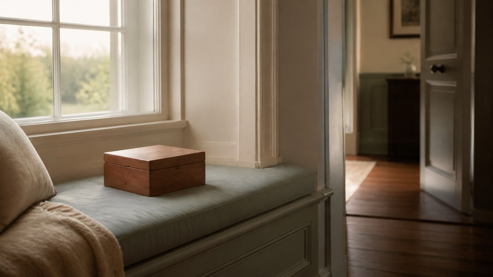 A closed cedar keepsake box resting untouched on a sage-green window seat beside an open doorway